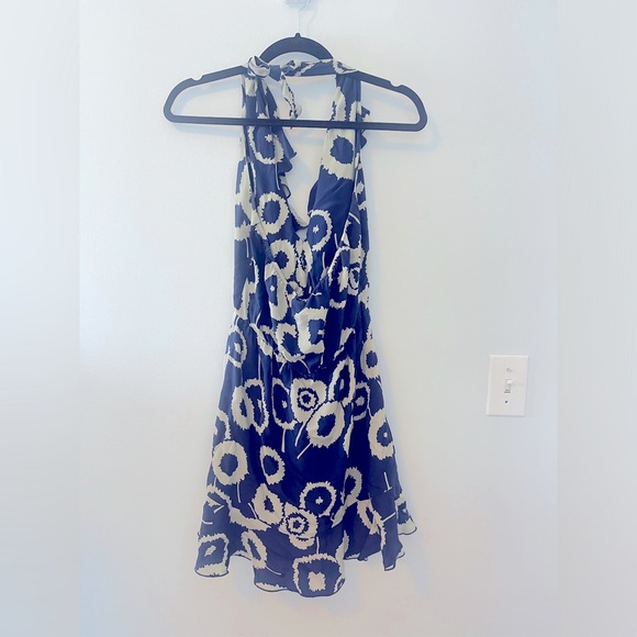 Amanda Uprichard Ruffle Halter Mini V neck dress in Navy/Cream Pattern - Small - Picture 1 of 12